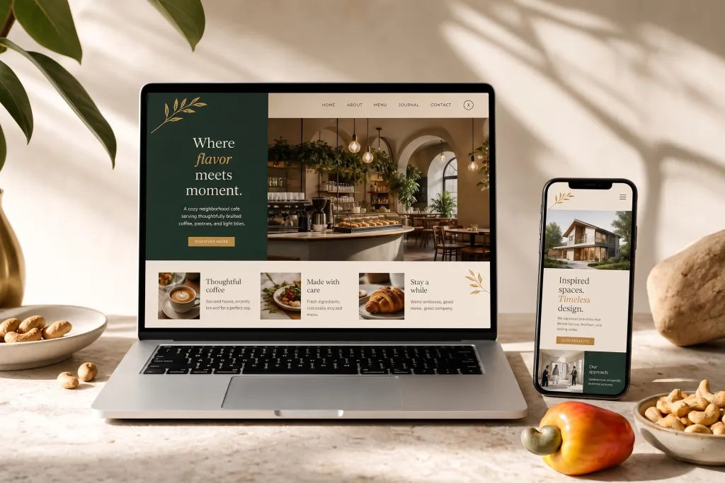 Sites criados pela Cajueiro Solutions exibidos em laptop e celular — exemplos de café e escritório de arquitetura, com design premium em verde e dourado