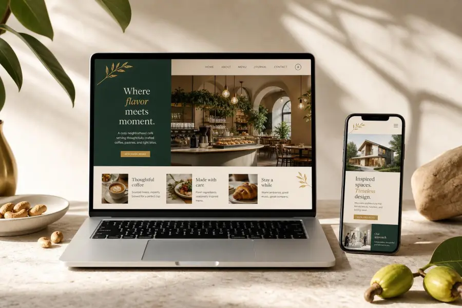 Sites criados pela Cajueiro Solutions exibidos em laptop e celular — exemplos de café e escritório de arquitetura, com design premium em verde e dourado